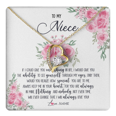 Forever Love Necklace 18K Yellow Gold Finish | 1 | Personalized To My Niece Necklace From Aunt Uncle I Will Always Love You Niece Birthday Christmas Pendant Jewelry Customized Gift Box Message Card | https://teecentury.
