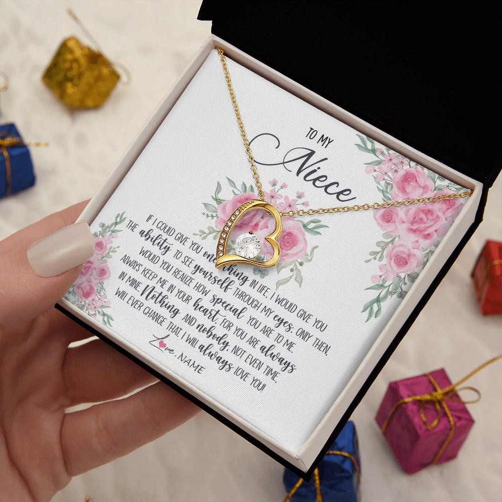 Forever Love Necklace 18K Yellow Gold Finish | 2 | Personalized To My Niece Necklace From Aunt Uncle I Will Always Love You Niece Birthday Christmas Pendant Jewelry Customized Gift Box Message Card | https://teecentury.