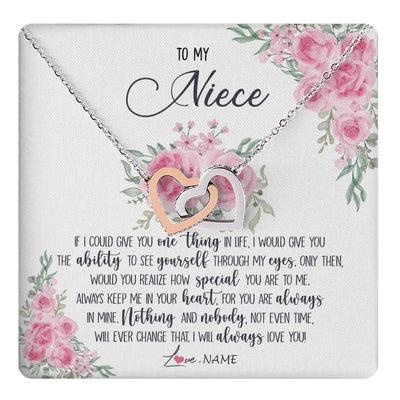 Interlocking Hearts Necklace Stainless Steel & Rose Gold Finish | 1 | Personalized To My Niece Necklace From Aunt Uncle I Will Always Love You Niece Birthday Christmas Pendant Jewelry Customized Gift Box Message Card | https://teecentury.