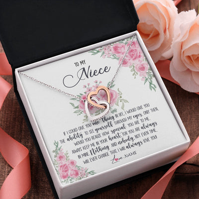 Interlocking Hearts Necklace Stainless Steel & Rose Gold Finish | 2 | Personalized To My Niece Necklace From Aunt Uncle I Will Always Love You Niece Birthday Christmas Pendant Jewelry Customized Gift Box Message Card | https://teecentury.