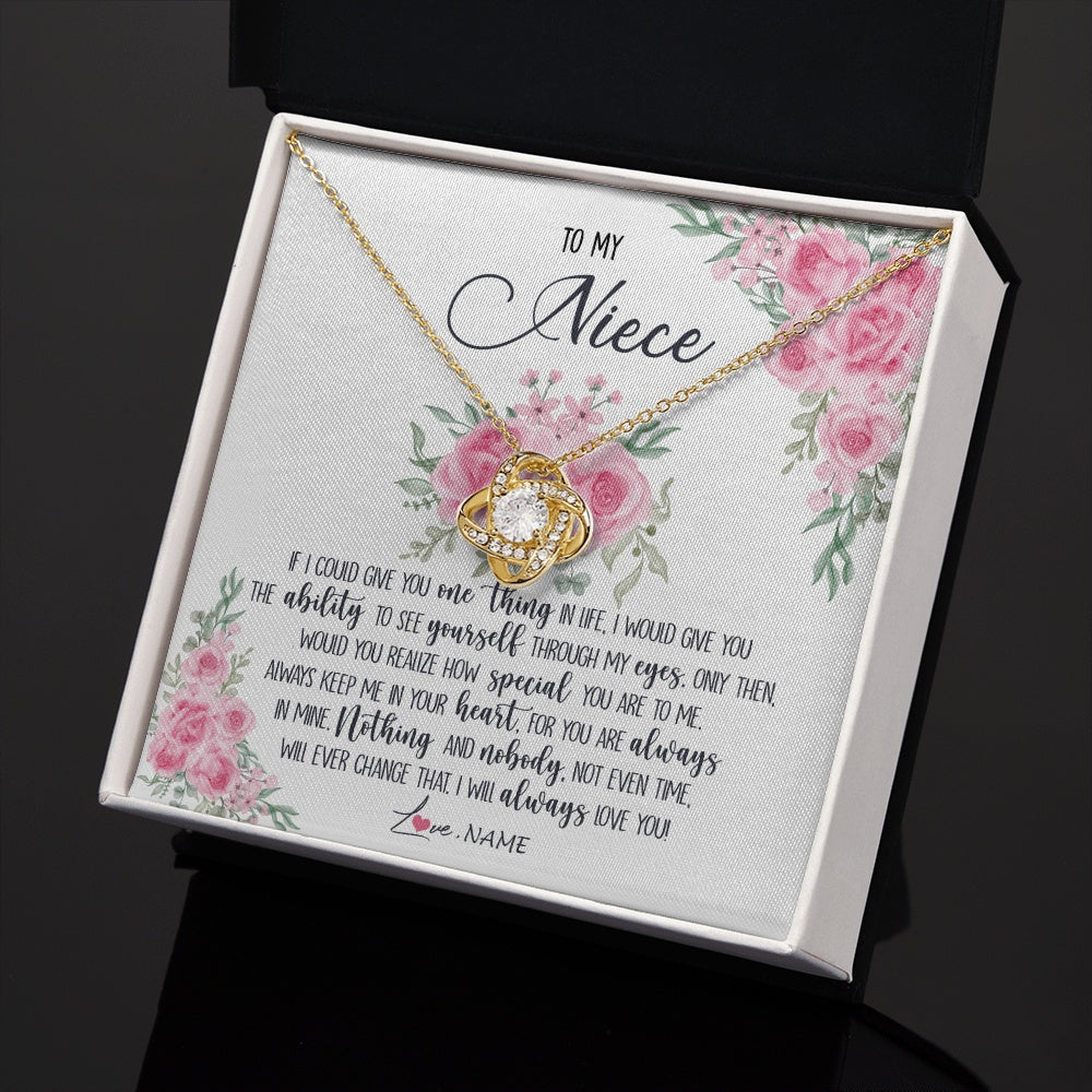 Love Knot Necklace 18K Yellow Gold Finish | 2 | Personalized To My Niece Necklace From Aunt Uncle I Will Always Love You Niece Birthday Christmas Pendant Jewelry Customized Gift Box Message Card | https://teecentury.