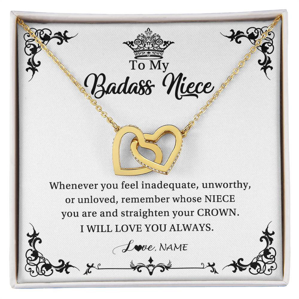 Interlocking Hearts Necklace 18K Yellow Gold Finish | Personalized To My Niece Necklace From Aunt Uncle I Will Love You Always Niece Pendant Jewelry Birthday Graduation Christmas Customized Message Card | teecentury