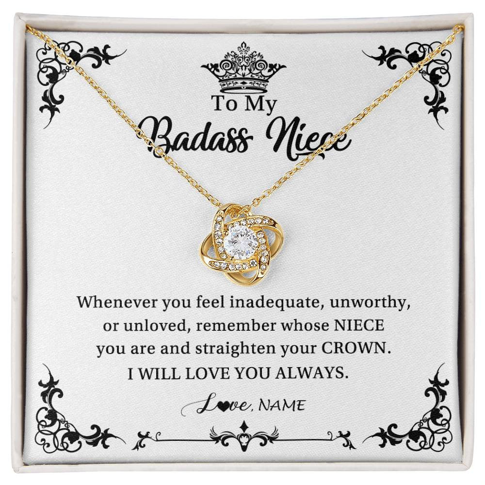 Love Knot Necklace 18K Yellow Gold Finish | Personalized To My Niece Necklace From Aunt Uncle I Will Love You Always Niece Pendant Jewelry Birthday Graduation Christmas Customized Message Card | teecentury