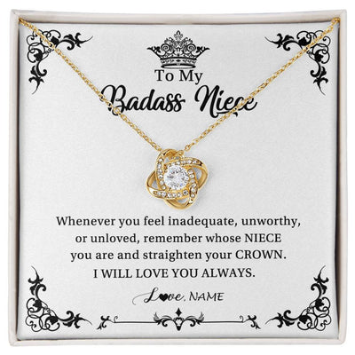 Love Knot Necklace 18K Yellow Gold Finish | Personalized To My Niece Necklace From Aunt Uncle I Will Love You Always Niece Pendant Jewelry Birthday Graduation Christmas Customized Message Card | teecentury