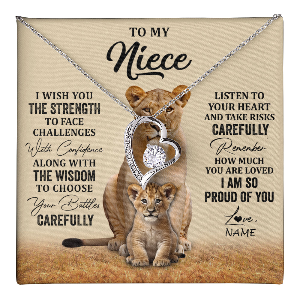 Forever Love Necklace 14K White Gold Finish | 1 | Personalized To My Niece Necklace From Aunt Uncle I Wish You The Strength Lion Niece Birthday Jewelry Graduation Christmas Customized Gift Box Message Card | teecentury