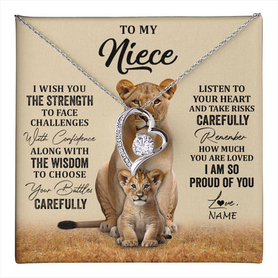 Forever Love Necklace 14K White Gold Finish | 1 | Personalized To My Niece Necklace From Aunt Uncle I Wish You The Strength Lion Niece Birthday Jewelry Graduation Christmas Customized Gift Box Message Card | teecentury