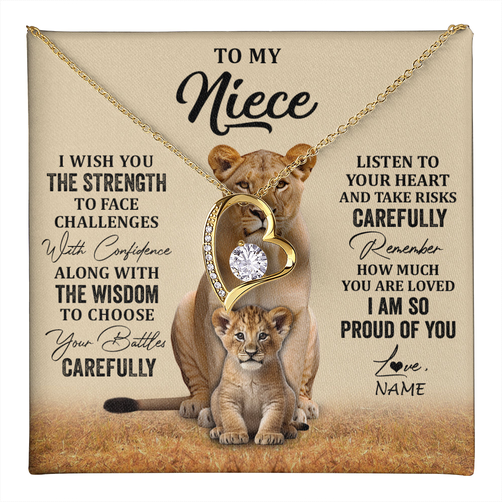 Forever Love Necklace 18K Yellow Gold Finish | 1 | Personalized To My Niece Necklace From Aunt Uncle I Wish You The Strength Lion Niece Birthday Jewelry Graduation Christmas Customized Gift Box Message Card | teecentury