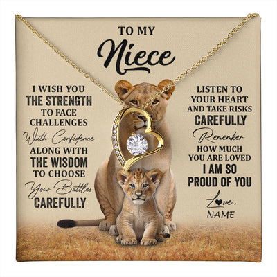 Forever Love Necklace 18K Yellow Gold Finish | 1 | Personalized To My Niece Necklace From Aunt Uncle I Wish You The Strength Lion Niece Birthday Jewelry Graduation Christmas Customized Gift Box Message Card | teecentury