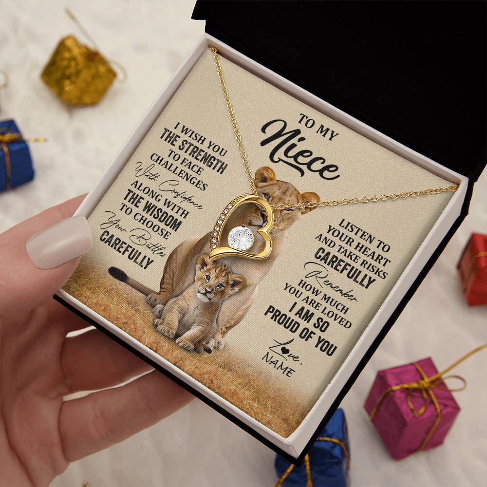 Forever Love Necklace 18K Yellow Gold Finish | 2 | Personalized To My Niece Necklace From Aunt Uncle I Wish You The Strength Lion Niece Birthday Jewelry Graduation Christmas Customized Gift Box Message Card | teecentury