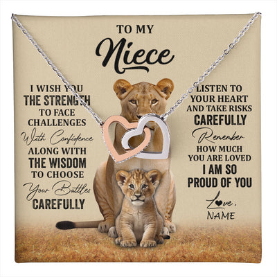 Interlocking Hearts Necklace Stainless Steel & Rose Gold Finish | 1 | Personalized To My Niece Necklace From Aunt Uncle I Wish You The Strength Lion Niece Birthday Jewelry Graduation Christmas Customized Gift Box Message Card | teecentury