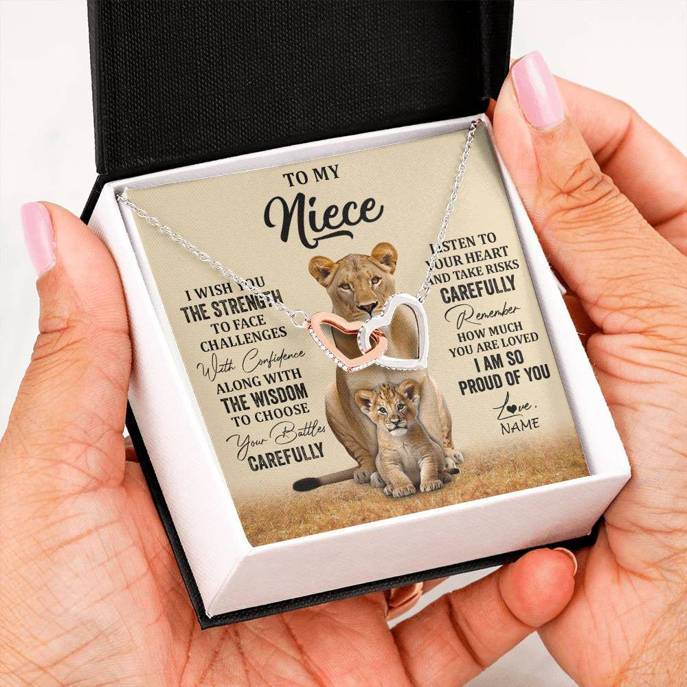 Interlocking Hearts Necklace Stainless Steel & Rose Gold Finish | 2 | Personalized To My Niece Necklace From Aunt Uncle I Wish You The Strength Lion Niece Birthday Jewelry Graduation Christmas Customized Gift Box Message Card | teecentury