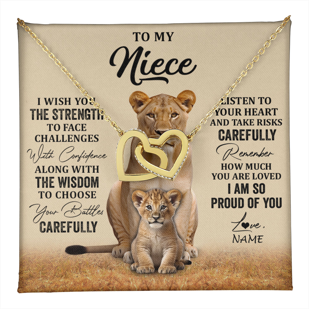 Interlocking Hearts Necklace 18K Yellow Gold Finish | 1 | Personalized To My Niece Necklace From Aunt Uncle I Wish You The Strength Lion Niece Birthday Jewelry Graduation Christmas Customized Gift Box Message Card | teecentury