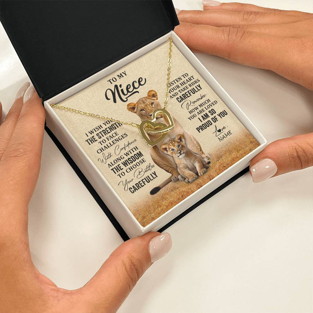 Interlocking Hearts Necklace 18K Yellow Gold Finish | 2 | Personalized To My Niece Necklace From Aunt Uncle I Wish You The Strength Lion Niece Birthday Jewelry Graduation Christmas Customized Gift Box Message Card | teecentury