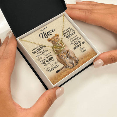 Interlocking Hearts Necklace 18K Yellow Gold Finish | 2 | Personalized To My Niece Necklace From Aunt Uncle I Wish You The Strength Lion Niece Birthday Jewelry Graduation Christmas Customized Gift Box Message Card | teecentury