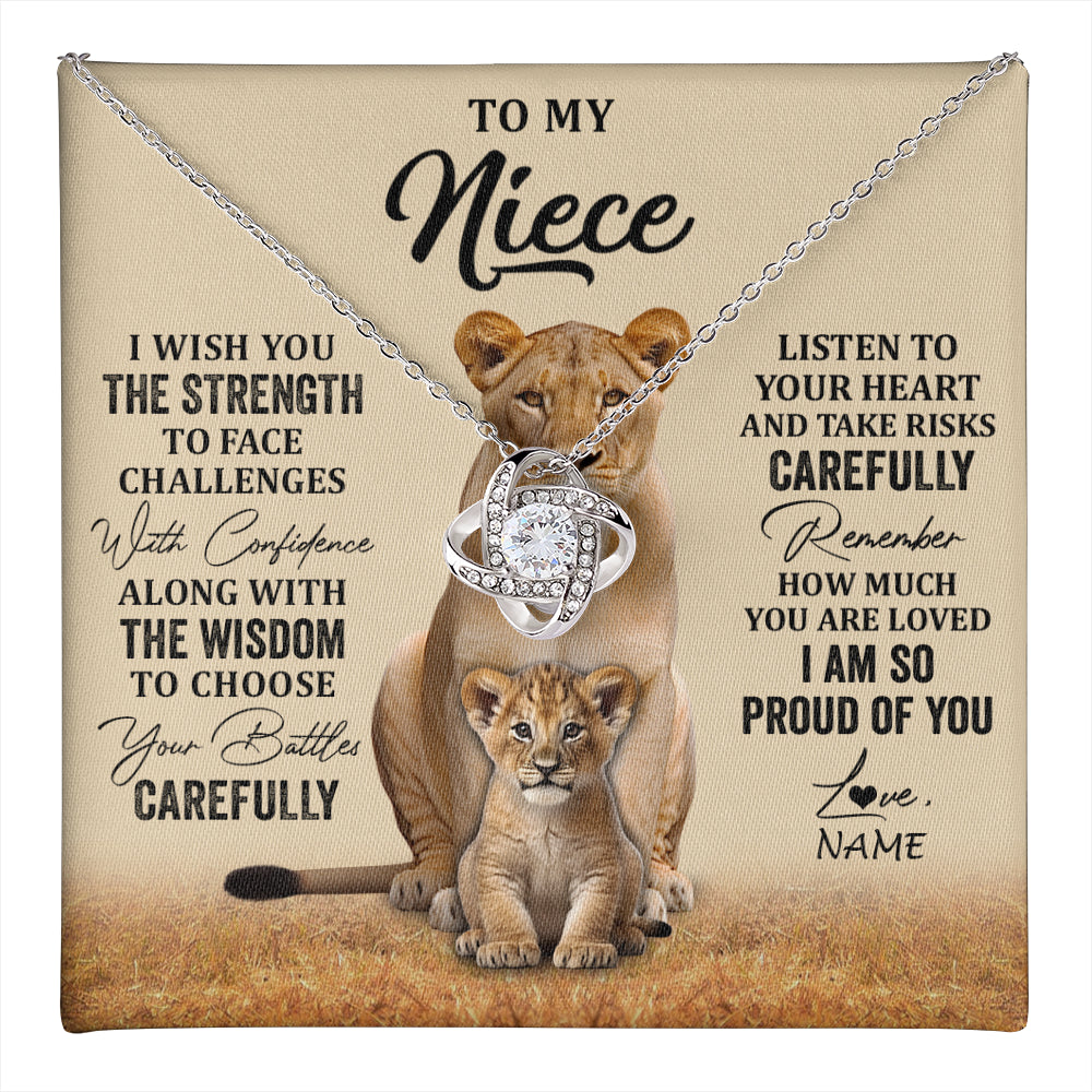 Love Knot Necklace 14K White Gold Finish | 1 | Personalized To My Niece Necklace From Aunt Uncle I Wish You The Strength Lion Niece Birthday Jewelry Graduation Christmas Customized Gift Box Message Card | teecentury