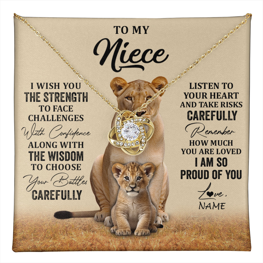 Love Knot Necklace 18K Yellow Gold Finish | 1 | Personalized To My Niece Necklace From Aunt Uncle I Wish You The Strength Lion Niece Birthday Jewelry Graduation Christmas Customized Gift Box Message Card | teecentury