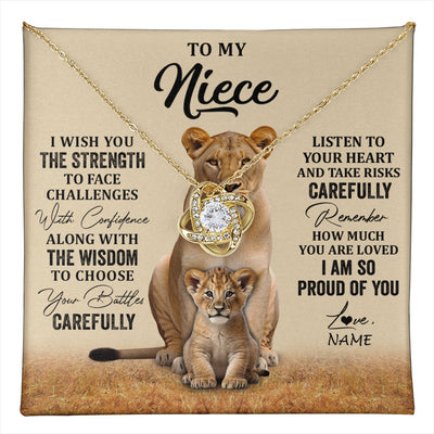 Love Knot Necklace 18K Yellow Gold Finish | 1 | Personalized To My Niece Necklace From Aunt Uncle I Wish You The Strength Lion Niece Birthday Jewelry Graduation Christmas Customized Gift Box Message Card | teecentury