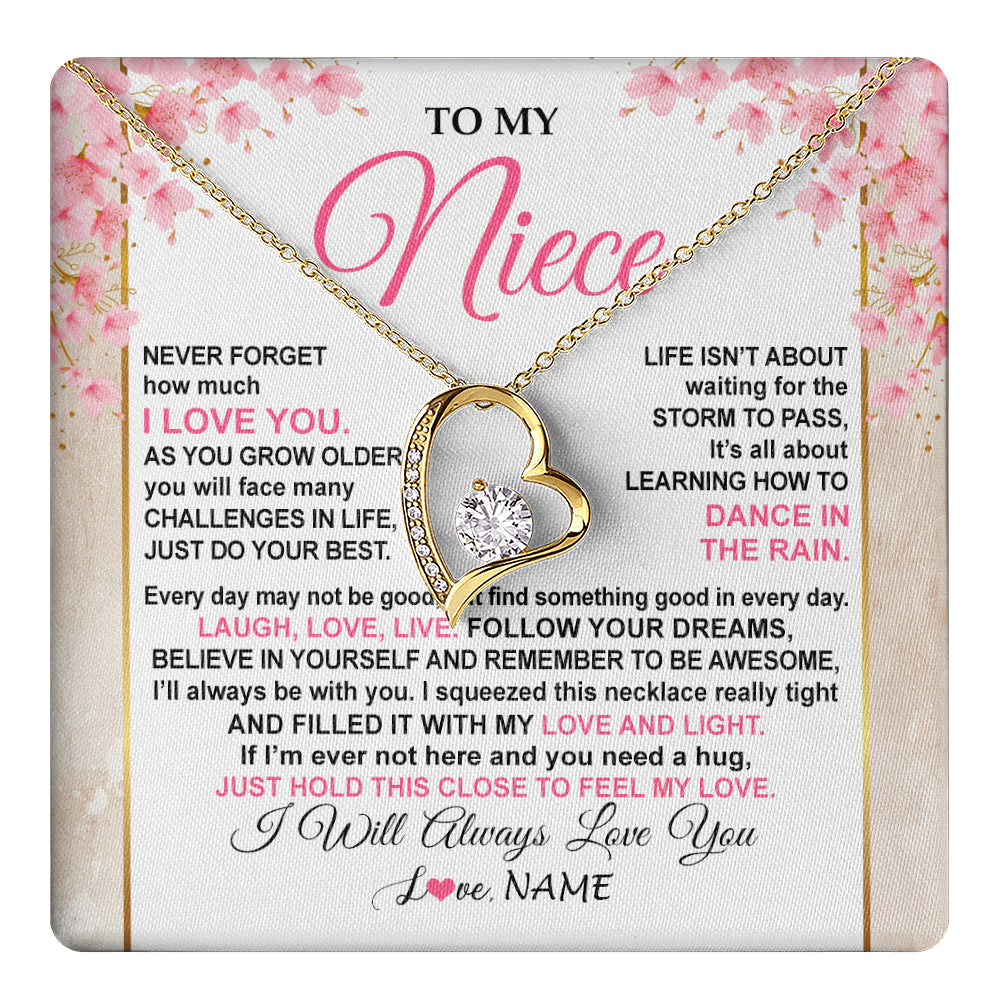 Forever Love Necklace 18K Yellow Gold Finish | 1 | Personalized To My Niece Necklace From Aunt Uncle Inspirational I Love You Niece Birthday Valentines Day Graduation Christmas Customized Gift Box Message Card | teecentury