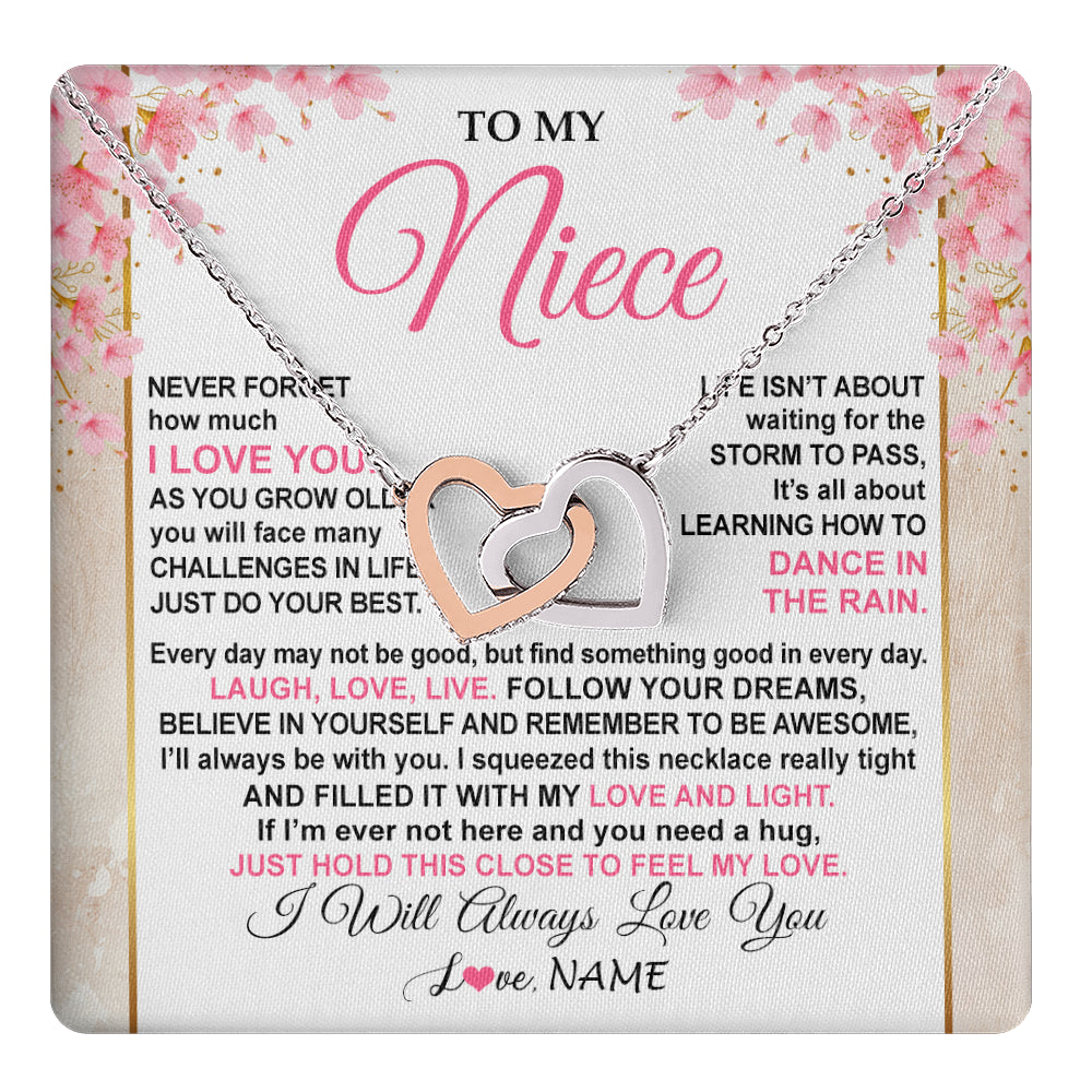 Interlocking Hearts Necklace Stainless Steel & Rose Gold Finish | 1 | Personalized To My Niece Necklace From Aunt Uncle Inspirational I Love You Niece Birthday Valentines Day Graduation Christmas Customized Gift Box Message Card | teecentury