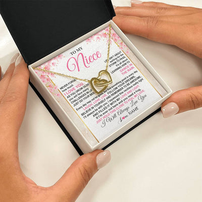 Interlocking Hearts Necklace 18K Yellow Gold Finish | 2 | Personalized To My Niece Necklace From Aunt Uncle Inspirational I Love You Niece Birthday Valentines Day Graduation Christmas Customized Gift Box Message Card | teecentury