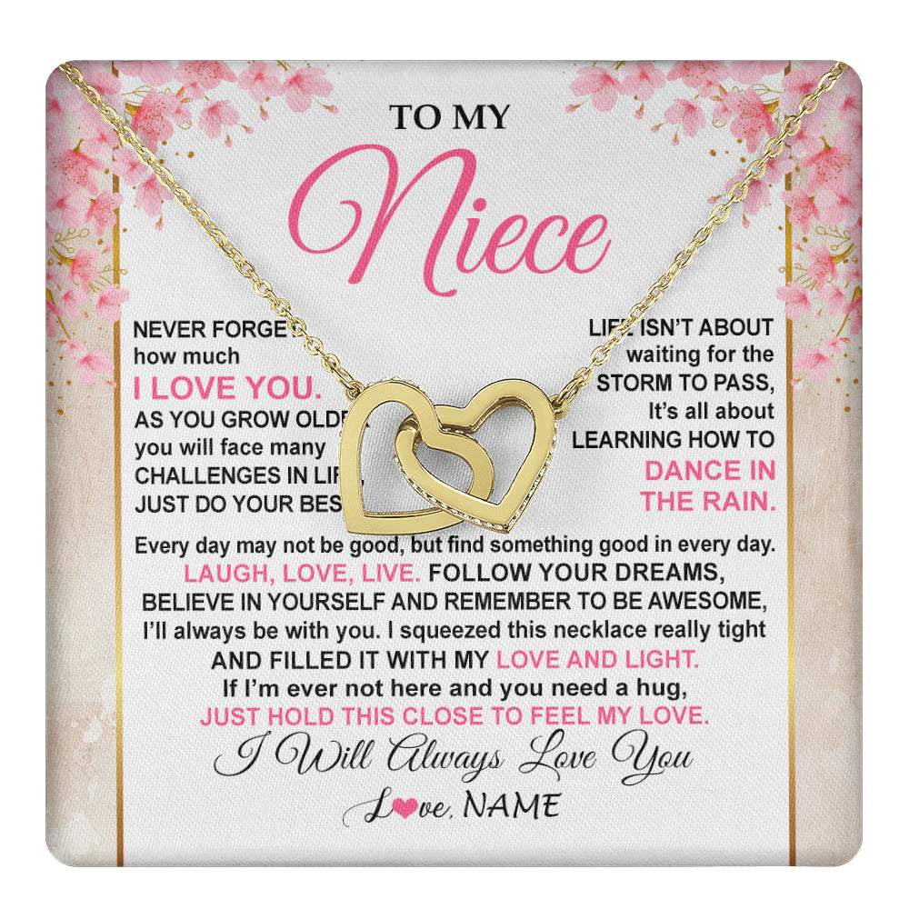 Interlocking Hearts Necklace 18K Yellow Gold Finish | 1 | Personalized To My Niece Necklace From Aunt Uncle Inspirational I Love You Niece Birthday Valentines Day Graduation Christmas Customized Gift Box Message Card | teecentury