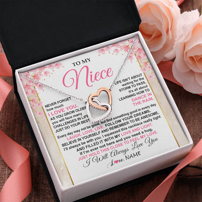 Interlocking Hearts Necklace Stainless Steel & Rose Gold Finish | 2 | Personalized To My Niece Necklace From Aunt Uncle Inspirational I Love You Niece Birthday Valentines Day Graduation Christmas Customized Gift Box Message Card | teecentury