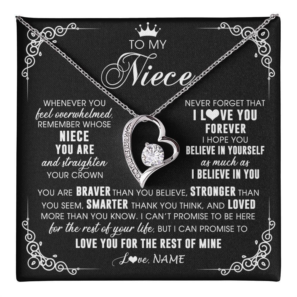 Forever Love Necklace 14K White Gold Finish | 1 | Personalized To My Niece Necklace From Aunt Uncle Inspirational Strength Niece Birthday Jewelry Graduation Christmas Customized Gift Box Message Card | teecentury