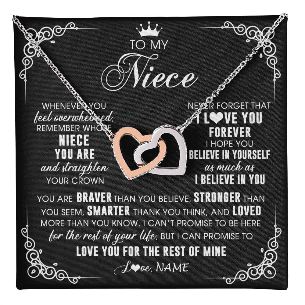 Interlocking Hearts Necklace Stainless Steel & Rose Gold Finish | 1 | Personalized To My Niece Necklace From Aunt Uncle Inspirational Strength Niece Birthday Jewelry Graduation Christmas Customized Gift Box Message Card | teecentury