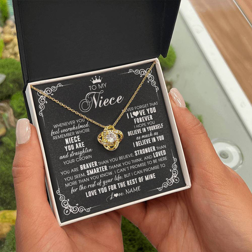 Love Knot Necklace 18K Yellow Gold Finish | 2 | Personalized To My Niece Necklace From Aunt Uncle Inspirational Strength Niece Birthday Jewelry Graduation Christmas Customized Gift Box Message Card | teecentury