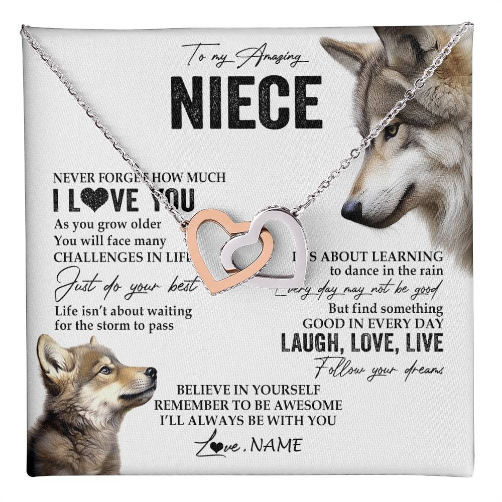 Interlocking Hearts Necklace Stainless Steel & Rose Gold Finish | 1 | Personalized To My Niece Necklace From Aunt Uncle Just Do You Best Laugh Love Live Wolf Niece Birthday Graduation Christmas Customized Gift Box Message Card | teecentury