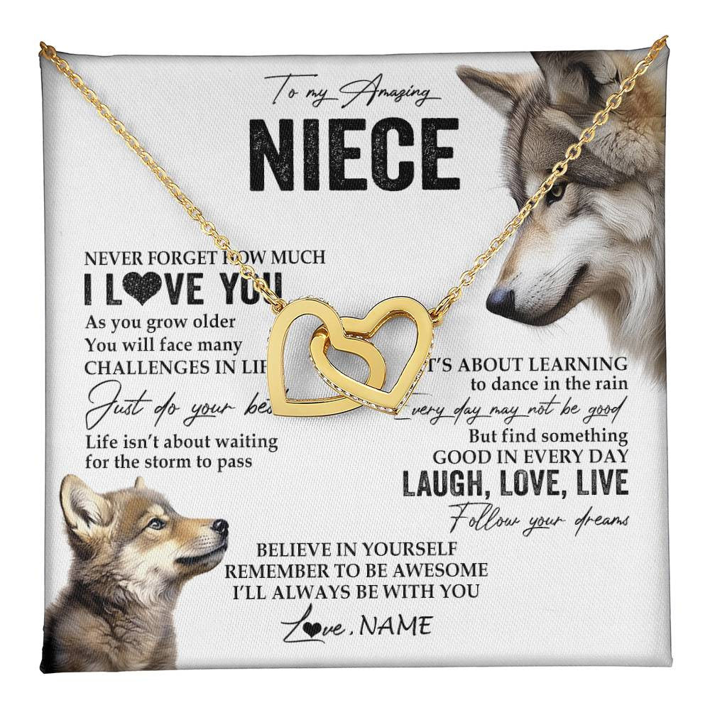 Interlocking Hearts Necklace 18K Yellow Gold Finish | 1 | Personalized To My Niece Necklace From Aunt Uncle Just Do You Best Laugh Love Live Wolf Niece Birthday Graduation Christmas Customized Gift Box Message Card | teecentury
