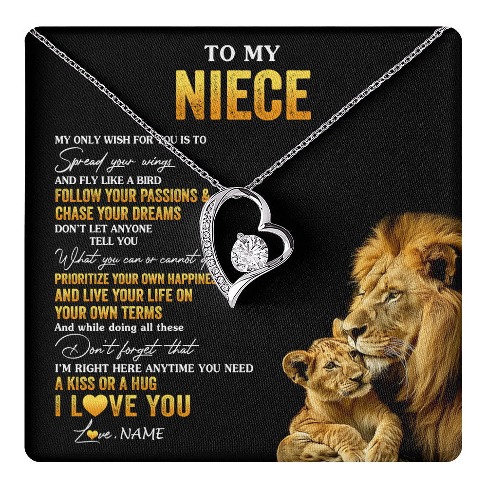 Forever Love Necklace 14K White Gold Finish | 1 | Personalized To My Niece Necklace From Aunt Uncle Lion My Only Wish For You Niece Birthday Graduation Christmas Customized Gift Box Message Card | teecentury