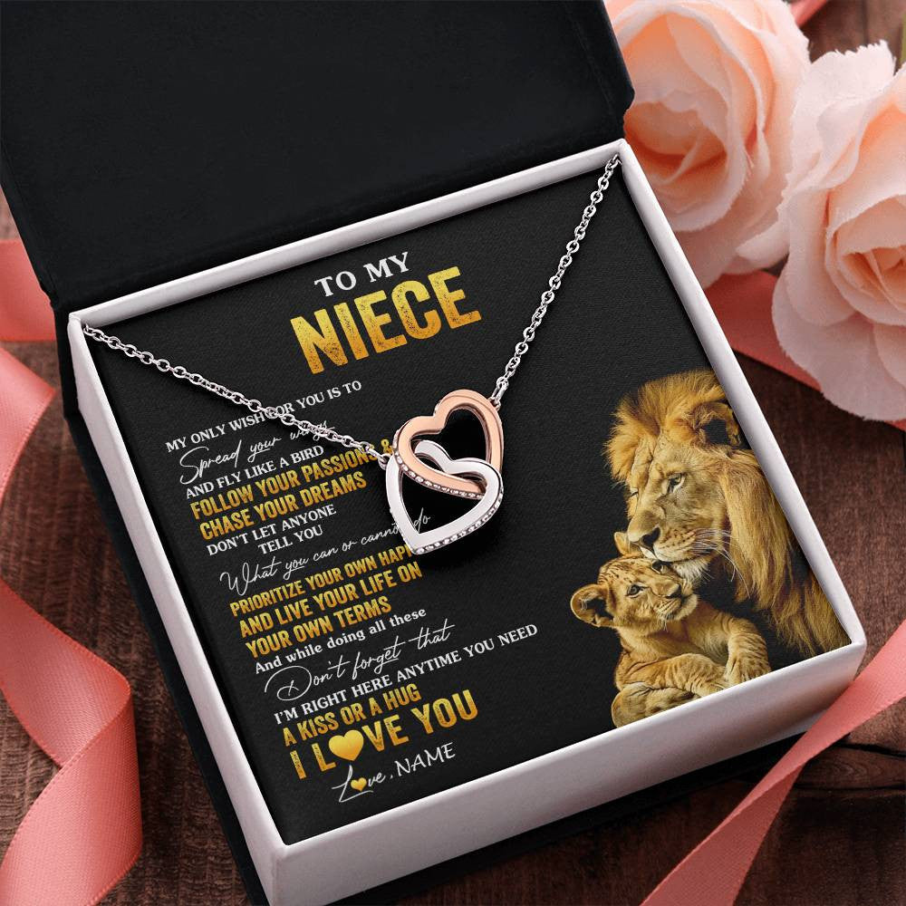 Interlocking Hearts Necklace Stainless Steel & Rose Gold Finish | 2 | Personalized To My Niece Necklace From Aunt Uncle Lion My Only Wish For You Niece Birthday Graduation Christmas Customized Gift Box Message Card | teecentury