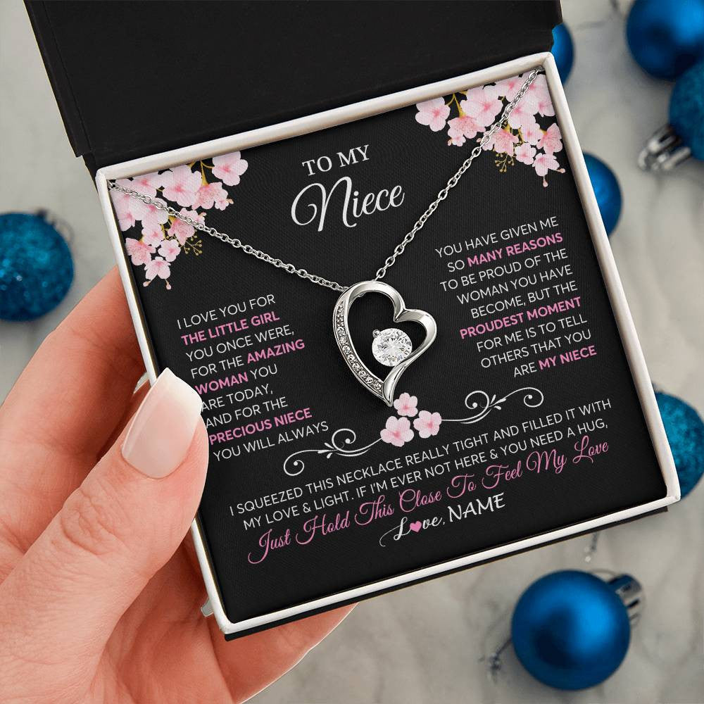 Forever Love Necklace 14K White Gold Finish | 2 | Personalized To My Niece Necklace From Aunt Uncle Love You Little Girl Niece Jewelry Birthday Jewelry Graduation Christmas Customized Gift Box Message Card | teecentury