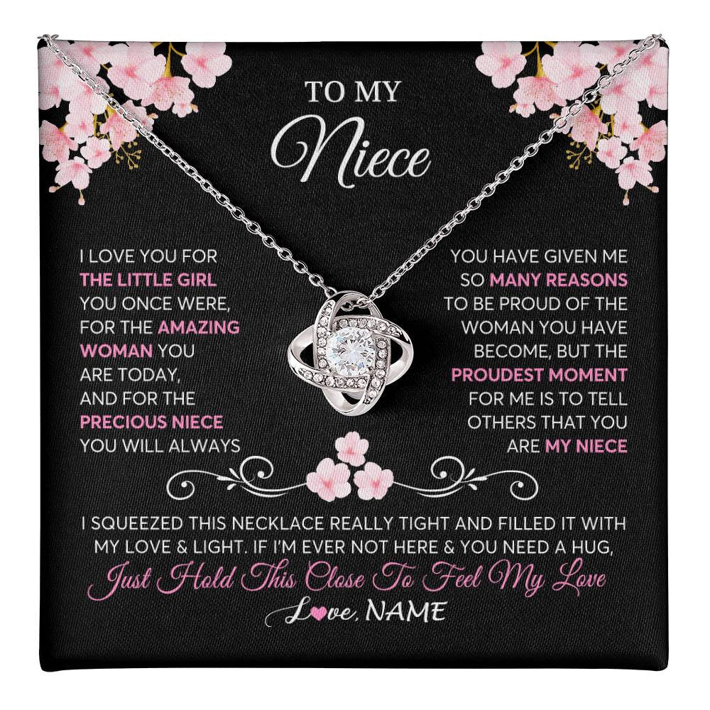 Love Knot Necklace 14K White Gold Finish | 1 | Personalized To My Niece Necklace From Aunt Uncle Love You Little Girl Niece Jewelry Birthday Jewelry Graduation Christmas Customized Gift Box Message Card | teecentury