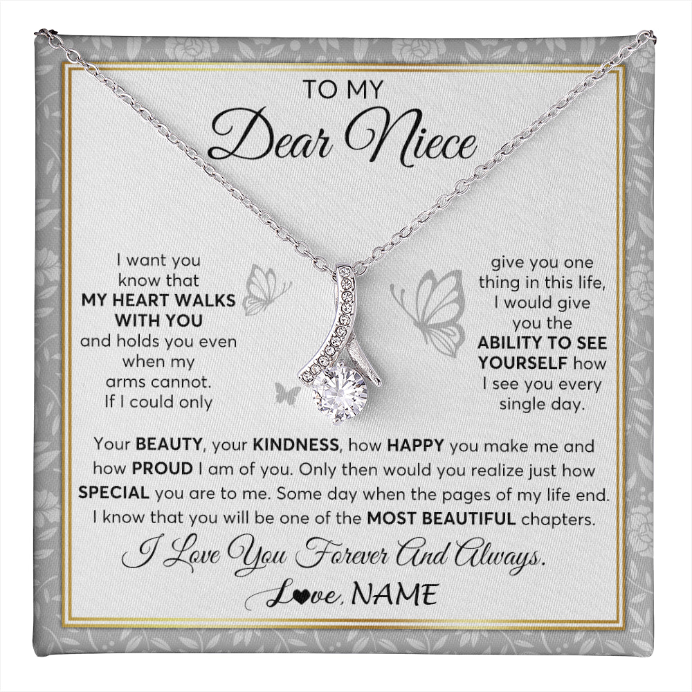 Alluring Beauty Necklace 14K White Gold Finish | 1 | Personalized To My Niece Necklace From Aunt Uncle My Heart Walks With You Niece Birthday Gifts Jewelry Graduation Christmas Customized Gift Box Message Card | teecentury