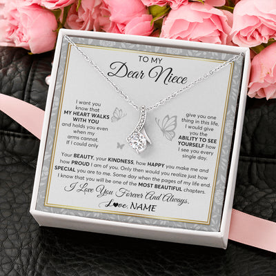 Alluring Beauty Necklace 14K White Gold Finish | 2 | Personalized To My Niece Necklace From Aunt Uncle My Heart Walks With You Niece Birthday Gifts Jewelry Graduation Christmas Customized Gift Box Message Card | teecentury