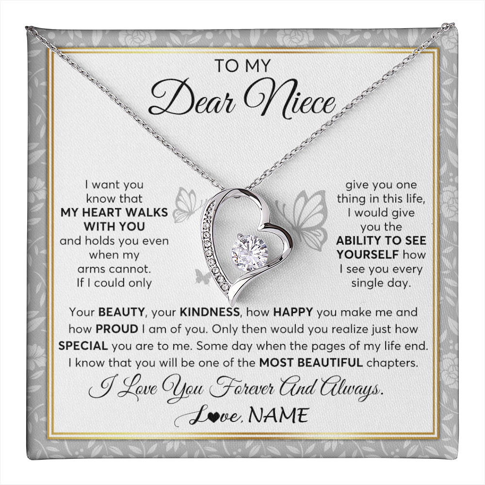 Forever Love Necklace 14K White Gold Finish | 1 | Personalized To My Niece Necklace From Aunt Uncle My Heart Walks With You Niece Birthday Gifts Jewelry Graduation Christmas Customized Gift Box Message Card | teecentury