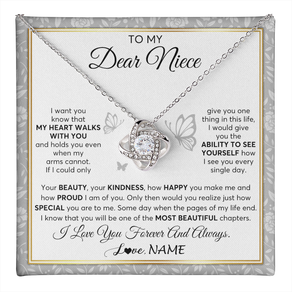 Love Knot Necklace 14K White Gold Finish | 1 | Personalized To My Niece Necklace From Aunt Uncle My Heart Walks With You Niece Birthday Gifts Jewelry Graduation Christmas Customized Gift Box Message Card | teecentury