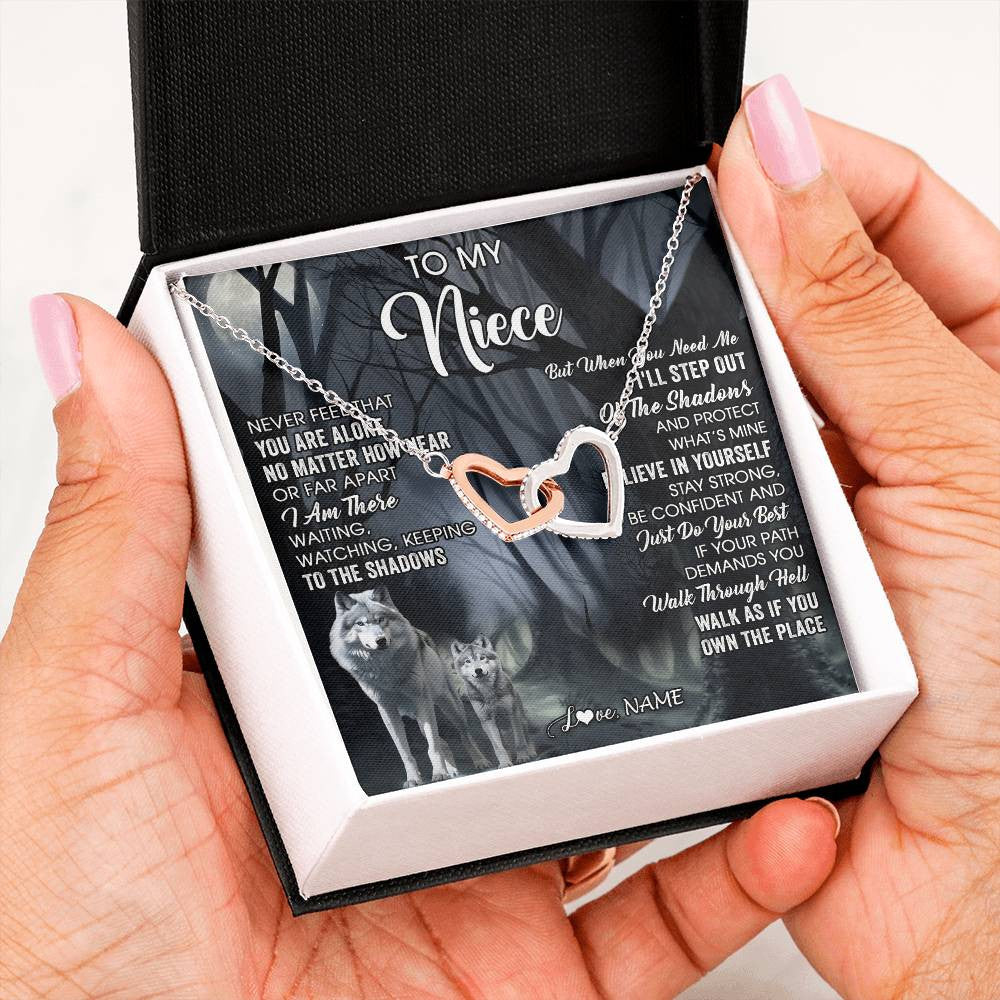 Interlocking Hearts Necklace Stainless Steel & Rose Gold Finish | 2 | Personalized To My Niece Necklace From Aunt Uncle Never Feel That You Are Alone Wolf Niece Birthday Gifts Jewelry Christmas Customized Gift Box Message Card | teecentury
