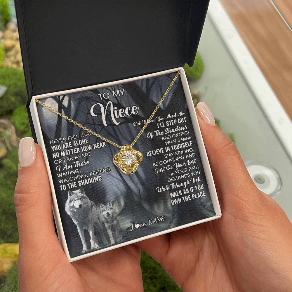 Love Knot Necklace 18K Yellow Gold Finish | 2 | Personalized To My Niece Necklace From Aunt Uncle Never Feel That You Are Alone Wolf Niece Birthday Gifts Jewelry Christmas Customized Gift Box Message Card | teecentury