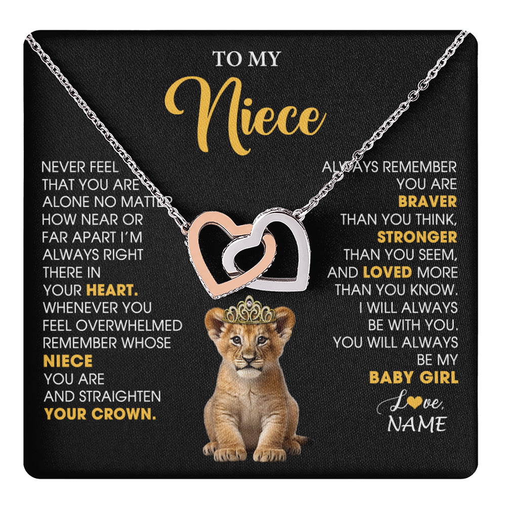 Interlocking Hearts Necklace Stainless Steel & Rose Gold Finish | 1 | Personalized To My Niece Necklace From Aunt Uncle Never Feel You Are Alone Lion Birthday Gift Niece Anniversary Christmas Customized Gift Box Message Card | teecentury