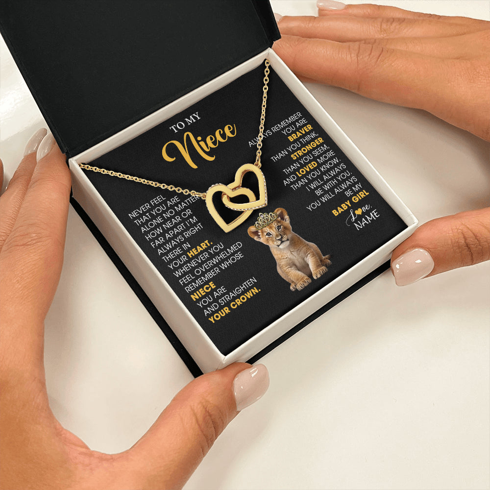 Interlocking Hearts Necklace 18K Yellow Gold Finish | 2 | Personalized To My Niece Necklace From Aunt Uncle Never Feel You Are Alone Lion Birthday Gift Niece Anniversary Christmas Customized Gift Box Message Card | teecentury