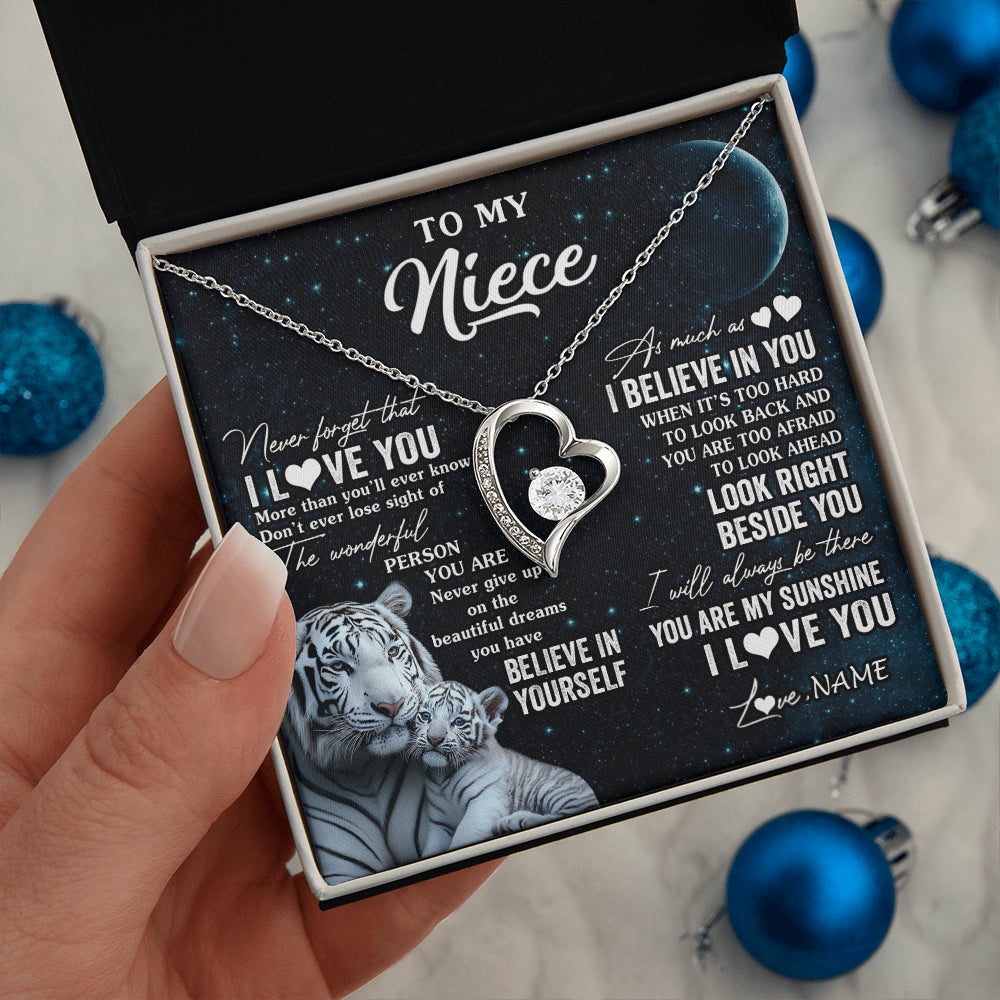 Forever Love Necklace 14K White Gold Finish | 2 | Personalized To My Niece Necklace From Aunt Uncle Never Forget I Love You White Tiger Niece Birthday Graduation Christmas Customized Gift Box Message Card | teecentury