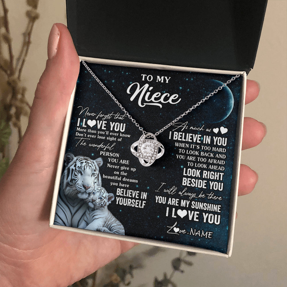 Love Knot Necklace 14K White Gold Finish | 2 | Personalized To My Niece Necklace From Aunt Uncle Never Forget I Love You White Tiger Niece Birthday Graduation Christmas Customized Gift Box Message Card | teecentury