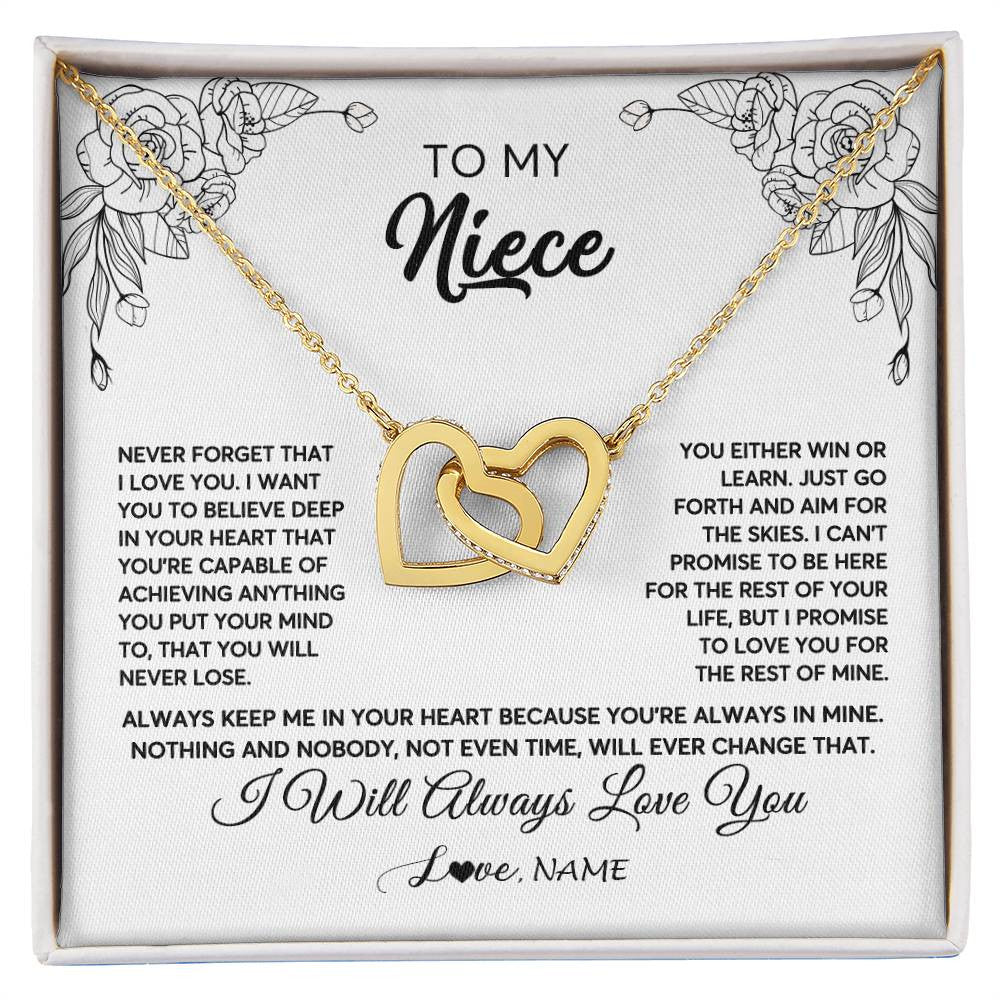 Interlocking Hearts Necklace 18K Yellow Gold Finish | Personalized To My Niece Necklace From Aunt Uncle Never Forget That I Love You Niece Birthday Christmas Pendant Jewelry Customized Gift Box Message Card | teecentury