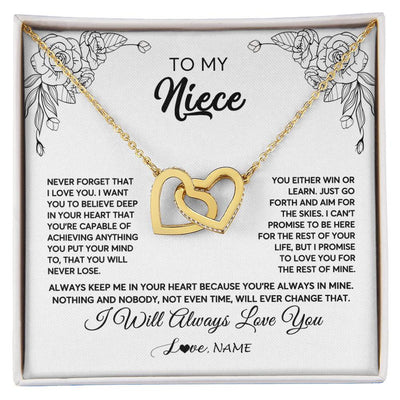 Interlocking Hearts Necklace 18K Yellow Gold Finish | Personalized To My Niece Necklace From Aunt Uncle Never Forget That I Love You Niece Birthday Christmas Pendant Jewelry Customized Gift Box Message Card | teecentury