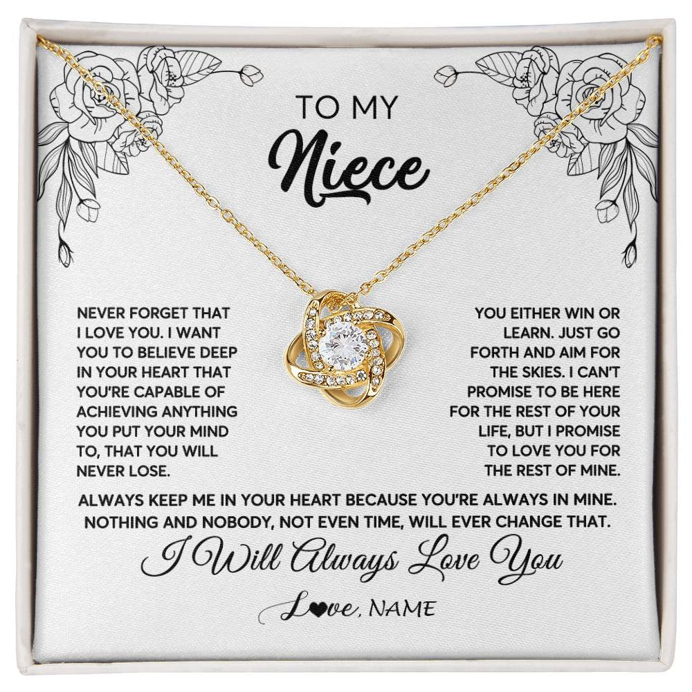 Love Knot Necklace 18K Yellow Gold Finish | Personalized To My Niece Necklace From Aunt Uncle Never Forget That I Love You Niece Birthday Christmas Pendant Jewelry Customized Gift Box Message Card | teecentury