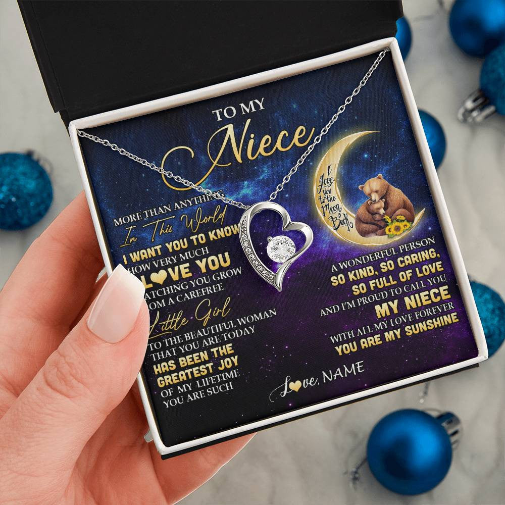 Forever Love Necklace 14K White Gold Finish | 2 | Personalized To My Niece Necklace From Aunt Uncle Positive Energy Encourage Brave Little Bear Niece Birthday Gifts Christmas Customized Gift Box Message Card | teecentury