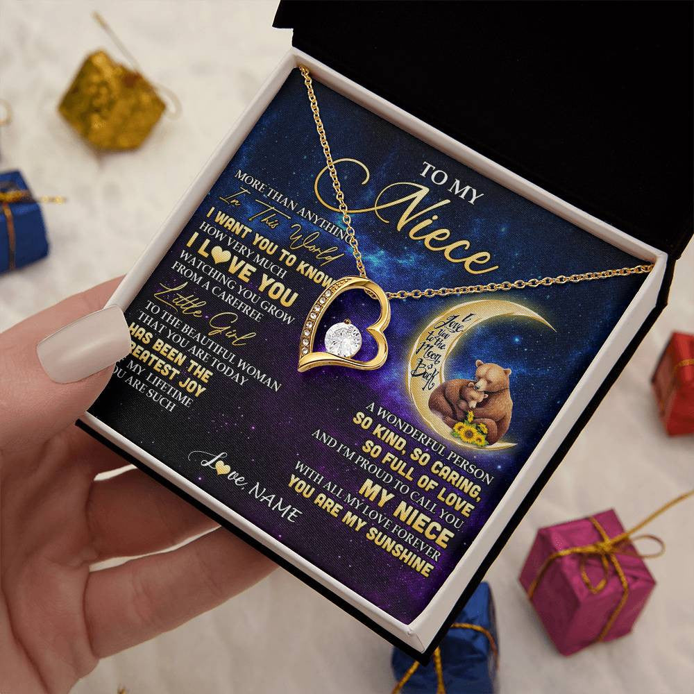 Forever Love Necklace 18K Yellow Gold Finish | 2 | Personalized To My Niece Necklace From Aunt Uncle Positive Energy Encourage Brave Little Bear Niece Birthday Gifts Christmas Customized Gift Box Message Card | teecentury